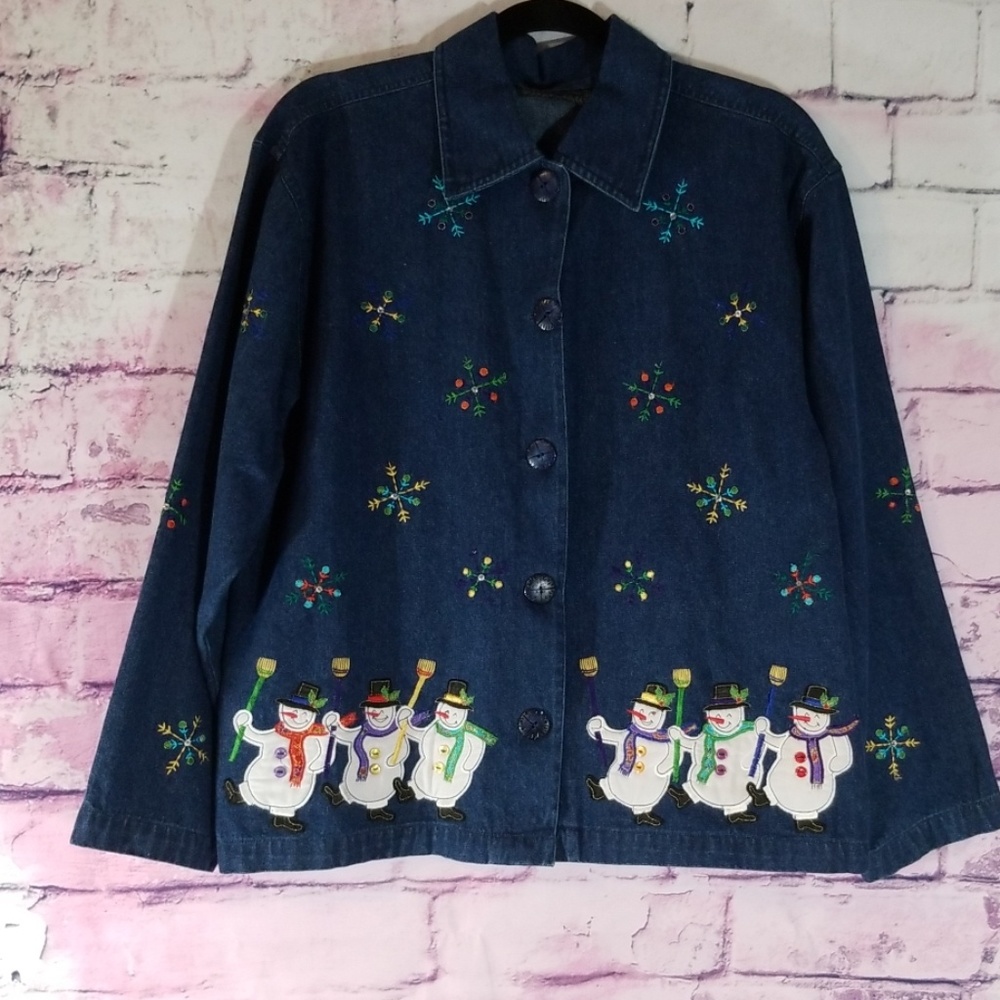 VINTAGE GRANDMA CORE DENIM BUTTON DOWN SNOWMAN JACKET